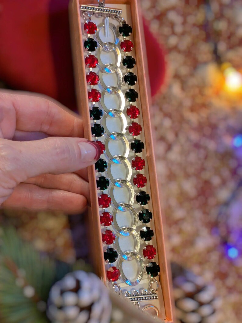 Red and Deep Green Multi Faceted Crystal Bracelet-Large 8 inch - - LadybugfeetDesigns -
