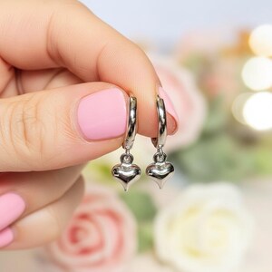 Silver Heart Huggie Hoop earrings, 15mm Hoop Drop - - LadybugfeetDesigns -