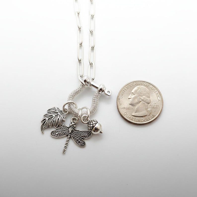 Forest Friends Dragonfly Shackle Clasp Carabiner Necklace, Silver - Adjusts up to 20 inches - - LadybugfeetDesigns -