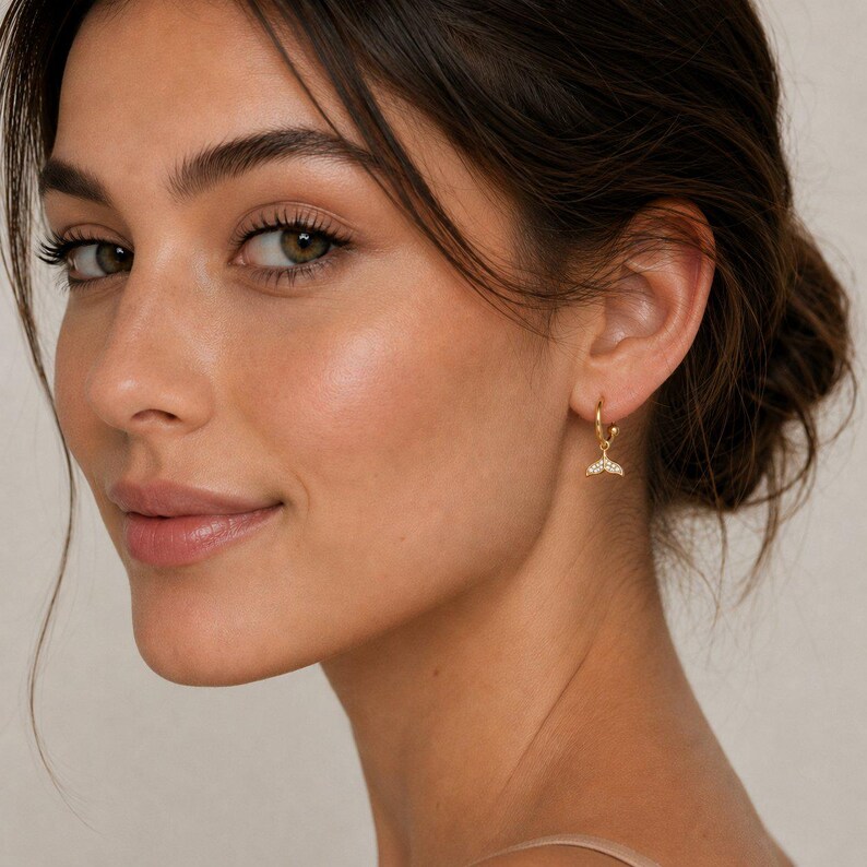 CZ Whale/Dolphin Tail Hoop Earrings, Gold - 16mm - - LadybugfeetDesigns -