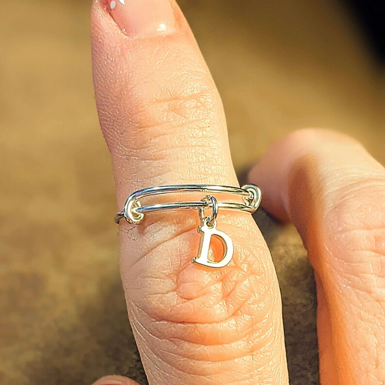 Sterling Silver Initial Charm Ring/Gift for her/Sterling Silver Mini Bangle - - LadybugfeetDesigns -