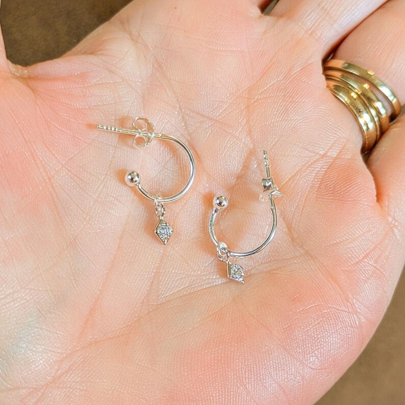 CZ Diamond Mini Hoop Huggie Earrings, Silver- 12mm - - LadybugfeetDesigns -