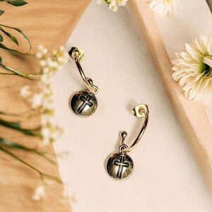 Cross Gold Hoop earrings, Gold - 16mm - - LadybugfeetDesigns -