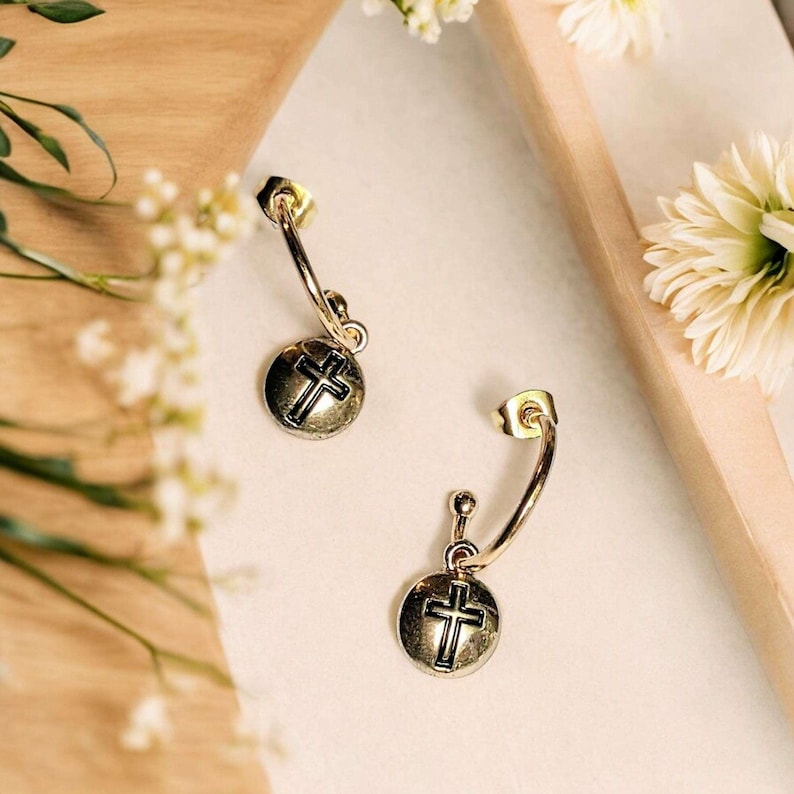 Cross Gold Hoop earrings, Gold - 16mm - - LadybugfeetDesigns -