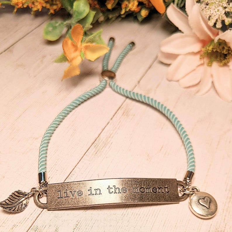 Live in the Moment, Inspirational Quote Twisted rope bolo Bracelet - - LadybugfeetDesigns -