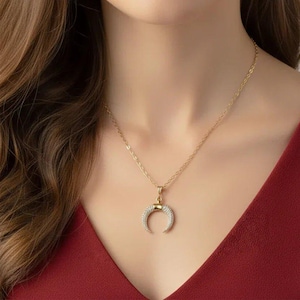 Downward Crescent Moon Necklace, Crescent Horn Necklace, Gold - - LadybugfeetDesigns -