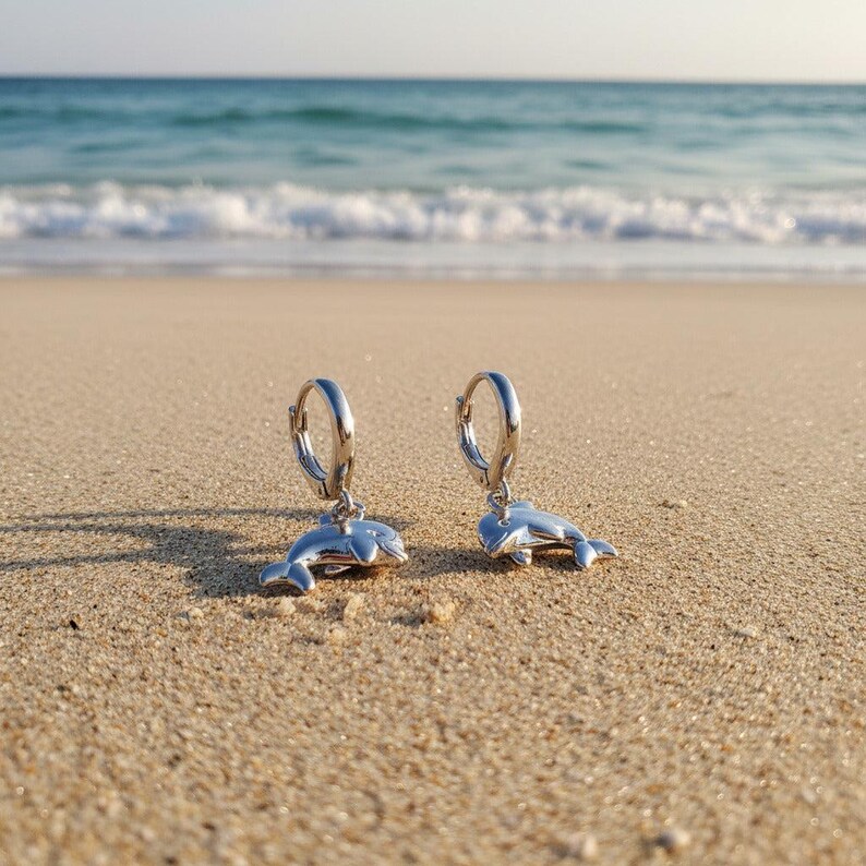 Dolphin Huggie Hoop earrings, Silver - 15mm - - LadybugfeetDesigns -