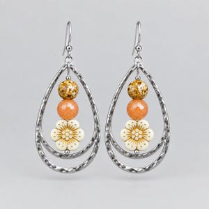 Gold Bead Hammered Teardrop Flower Bead Earrings, Silver - - LadybugfeetDesigns -