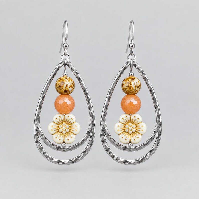 Gold Bead Hammered Teardrop Flower Bead Earrings, Silver - - LadybugfeetDesigns -
