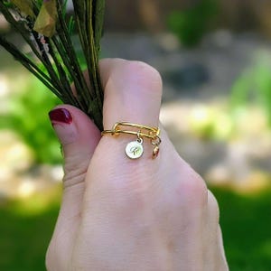 Gold Expandable Initial & Birthstone Charm Ring,Gift for her - - LadybugfeetDesigns -