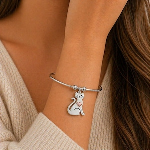 Cute Cat Euro Bangle Cuff, Silver - - LadybugfeetDesigns -