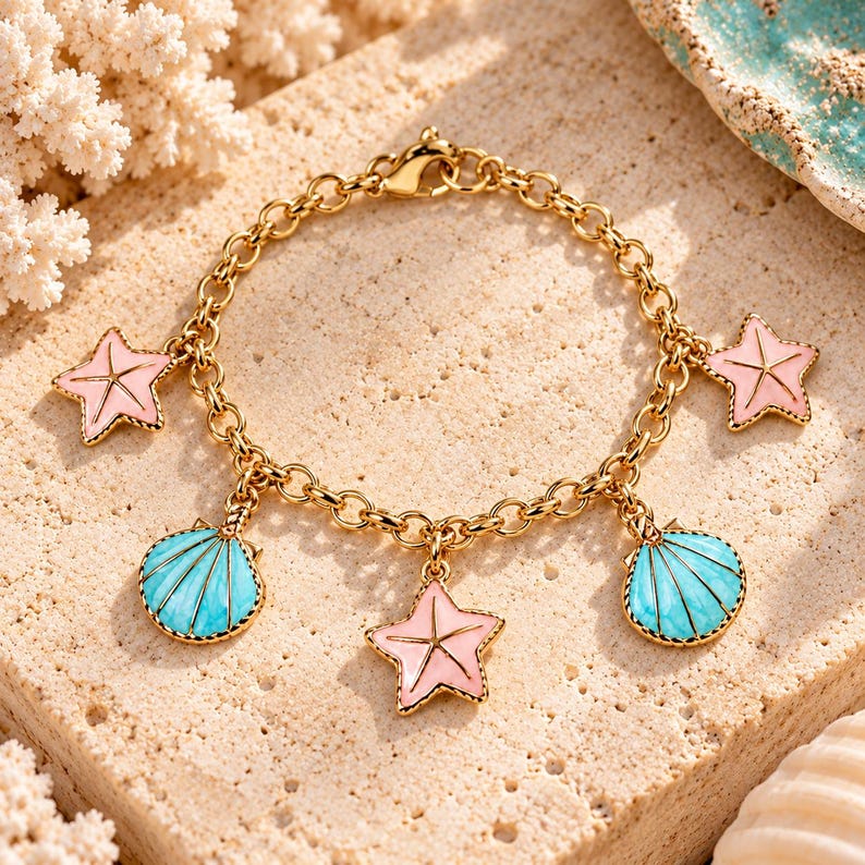 Pastel Seashell Charm Bracelet - - LadybugfeetDesigns -
