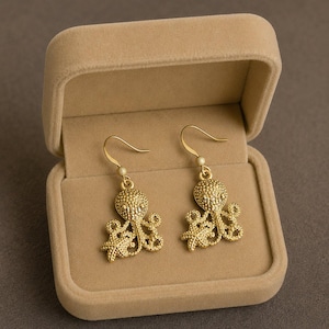 Octopus dangle earrings, Gold - - LadybugfeetDesigns -
