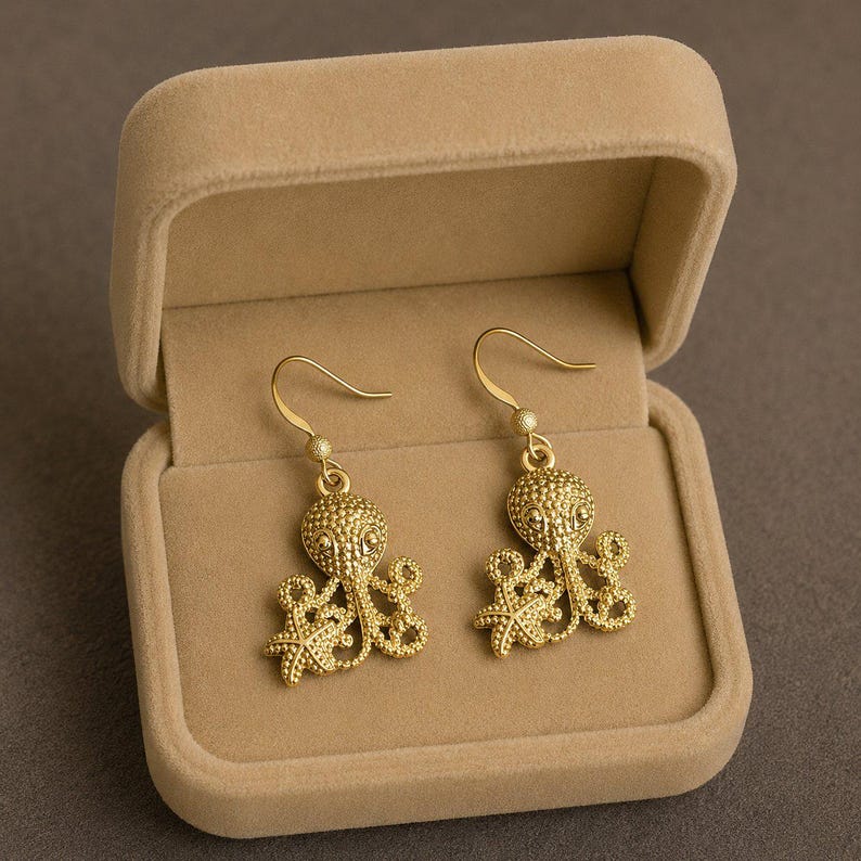 Octopus dangle earrings, Gold - - LadybugfeetDesigns -