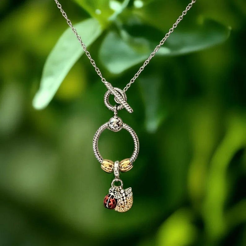 Garden Party Sterling Silver Toggle Charm Necklace, 20 inches - - LadybugfeetDesigns -