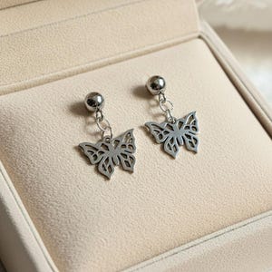 Butterfly Charm Drop Stud Earrings-Silver - - LadybugfeetDesigns -