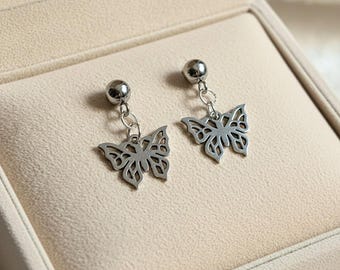 Butterfly Charm Drop Stud Earrings-Silver