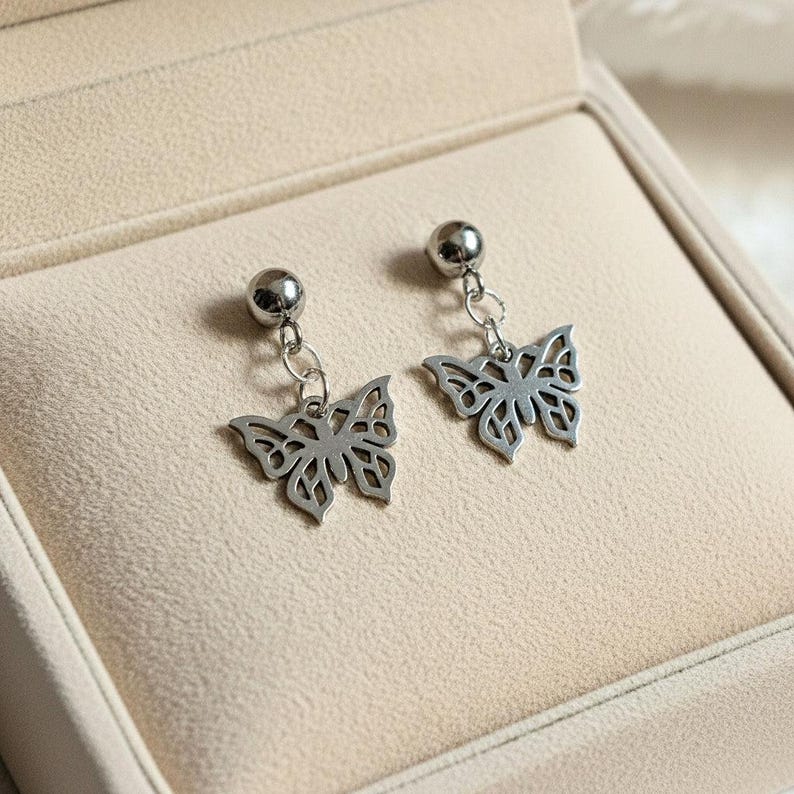 Butterfly Charm Drop Stud Earrings-Silver - - LadybugfeetDesigns -