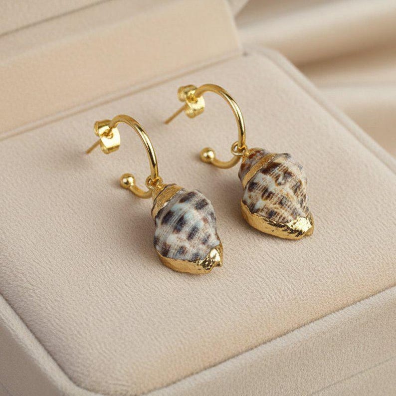 Gold Rimmed Natural Conch Seashell hoop earrings, Gold - 16mm - - LadybugfeetDesigns -