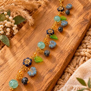 Botanical Blue Crystal Bead Bracelet, Gold - - LadybugfeetDesigns -