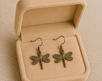 Dragonfly hook earrings, Antique Bronze