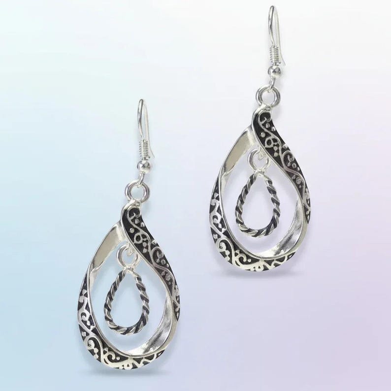 Double Tear Drop Ornate Dangle Earrings - - LadybugfeetDesigns -