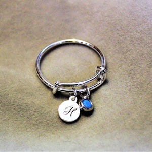 Expandable Initial & Birthstone Charm Ring,Gift for her - - LadybugfeetDesigns -