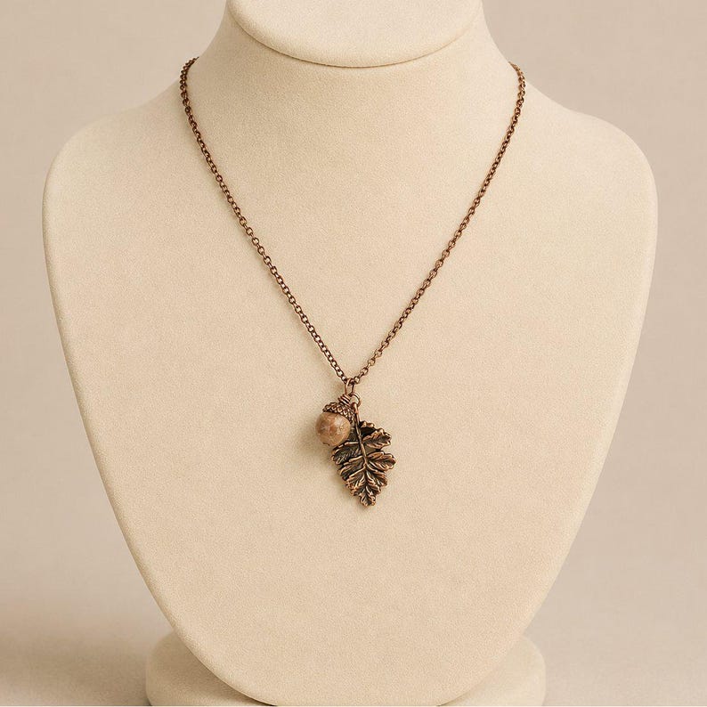 Acorn Oak Leaf Necklace, Antique Copper - - LadybugfeetDesigns -