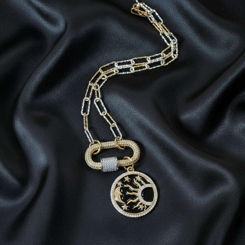 Black Enamel Celestial Pendant Carabiner Necklace, Gold/Silver - 20 inch - - LadybugfeetDesigns -