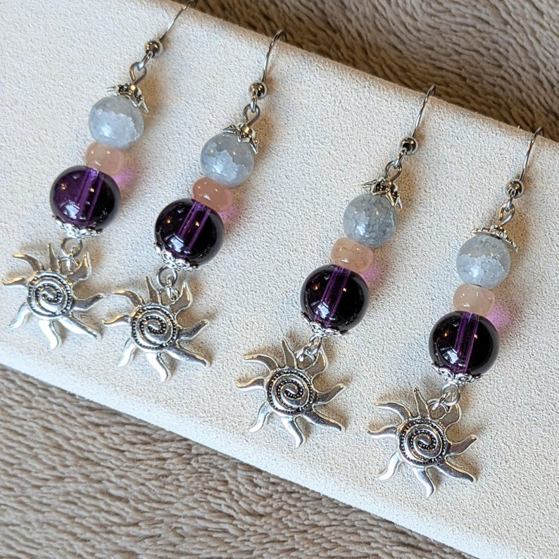 Celestial Sun Beaded Hook Earrings, Silver - - LadybugfeetDesigns -