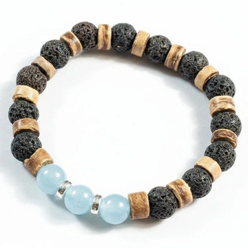 Aquamarine Gemstone Lava Bead Stretch bracelet-MARCH Birthstone - - LadybugfeetDesigns -