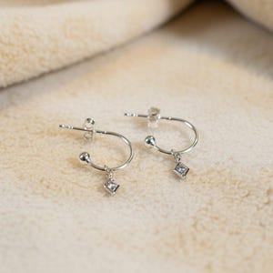 CZ Diamond Mini Hoop Huggie Earrings, Silver- 12mm - - LadybugfeetDesigns -