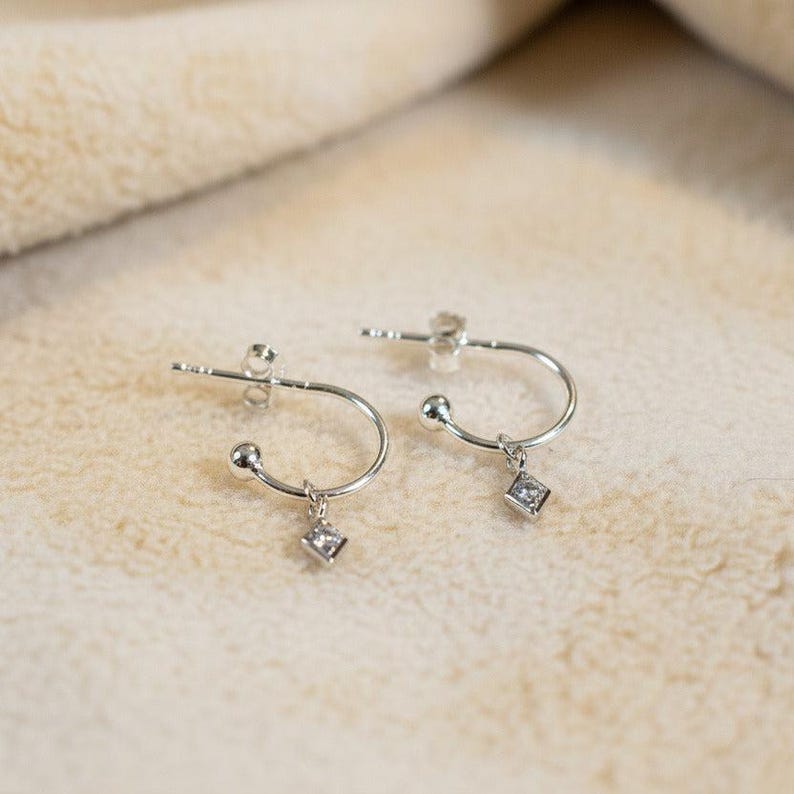 CZ Diamond Mini Hoop Huggie Earrings, Silver- 12mm - - LadybugfeetDesigns -