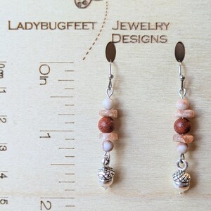 Acorn Beaded Sunstone Hook Earrings, Silver - - LadybugfeetDesigns -