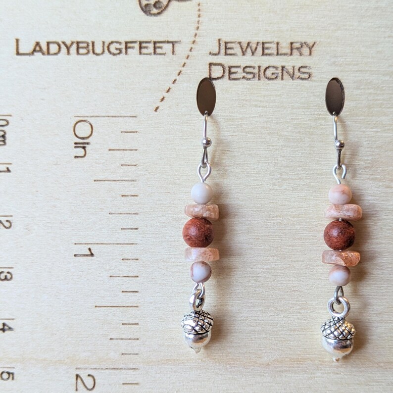 Acorn Beaded Sunstone Hook Earrings, Silver - - LadybugfeetDesigns -