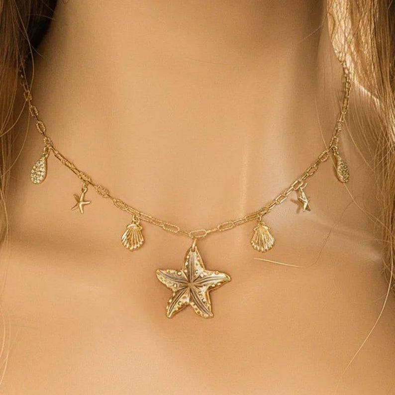 Beach Vibes Multi Charm Link Necklace, Gold- 20 inch - - LadybugfeetDesigns -