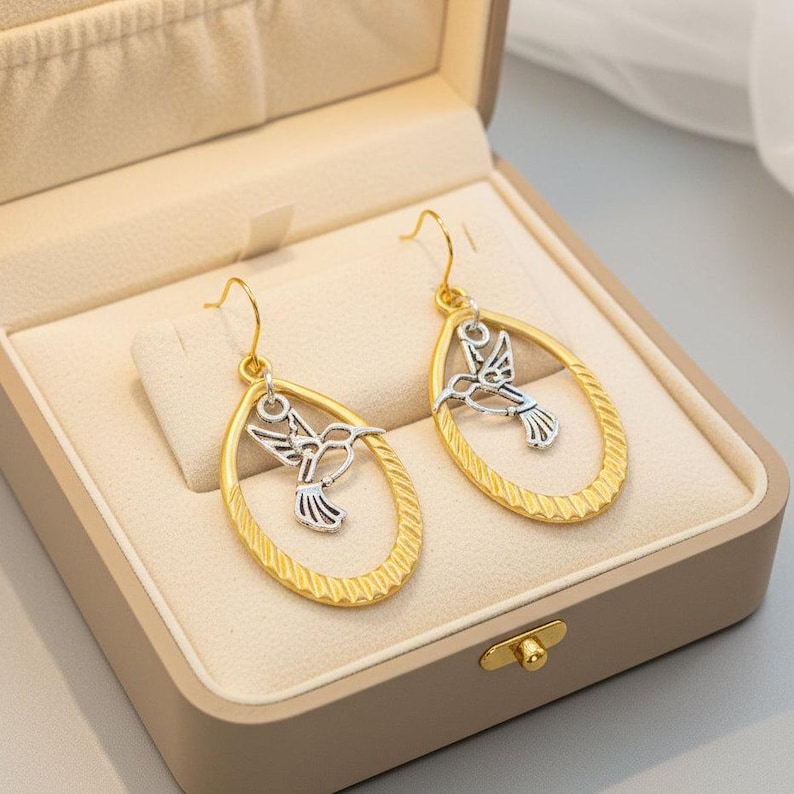 Hummingbird Two-Tone Hook Earrings, Gold - - LadybugfeetDesigns -