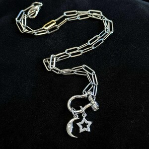 Celestial Moon CZ Star Shackle Clasp Carabiner Necklace, Silver - 20 inch - - LadybugfeetDesigns -