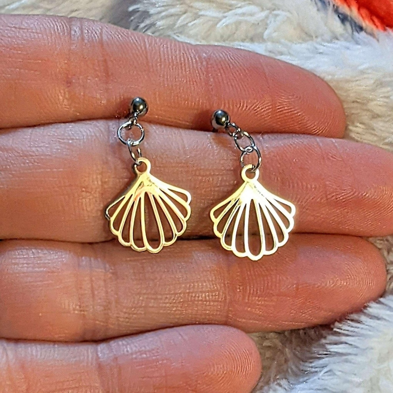 Sea Scallop Charm Drop Stud Earrings-Silver - - LadybugfeetDesigns -