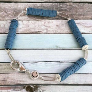 Dark Blue Smiley Stainless Steel Paperclip Chain Bracelet - - LadybugfeetDesigns -