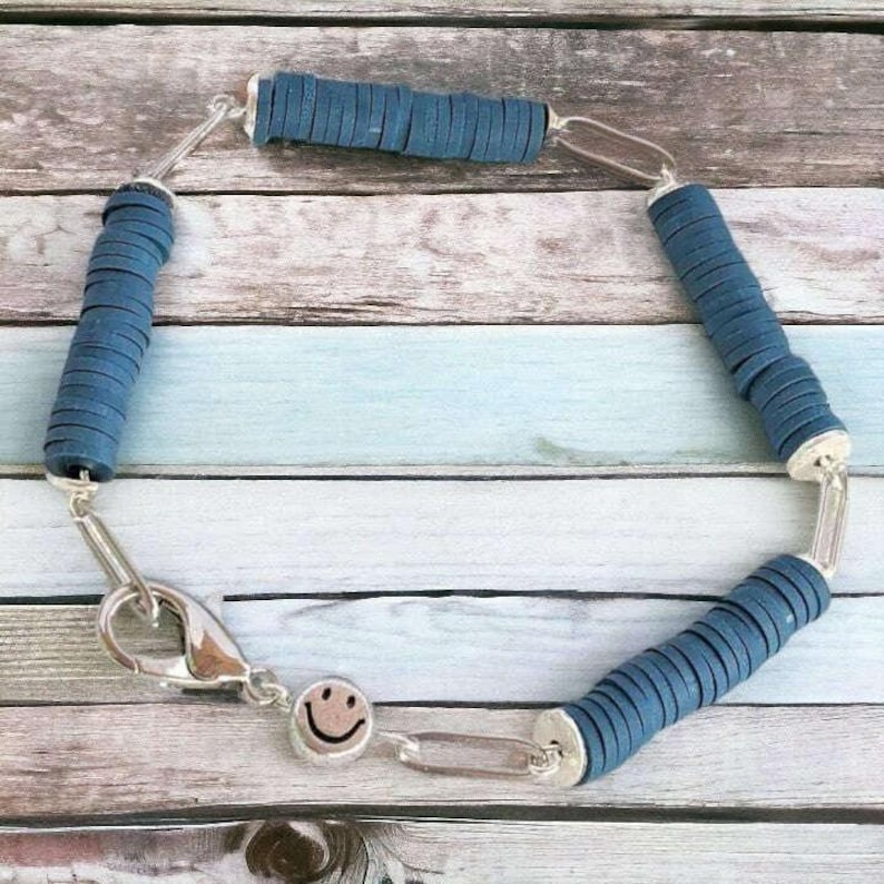 Dark Blue Smiley Stainless Steel Paperclip Chain Bracelet - - LadybugfeetDesigns -