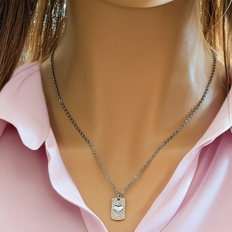 CZ Heart Tag Necklace, Silver - 20 inch - - LadybugfeetDesigns -