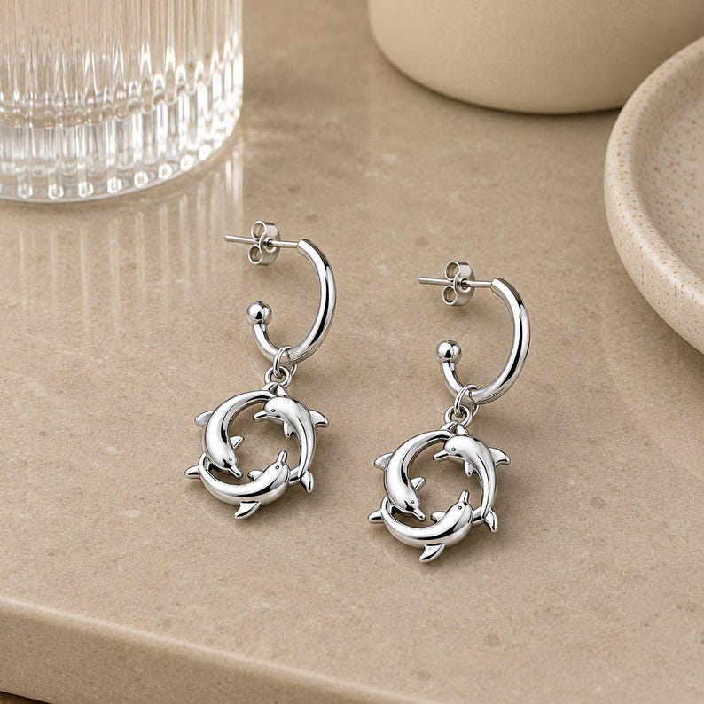 Gold Dolphin Trio Gold Hoop earrings, Hoop Drop - - LadybugfeetDesigns -