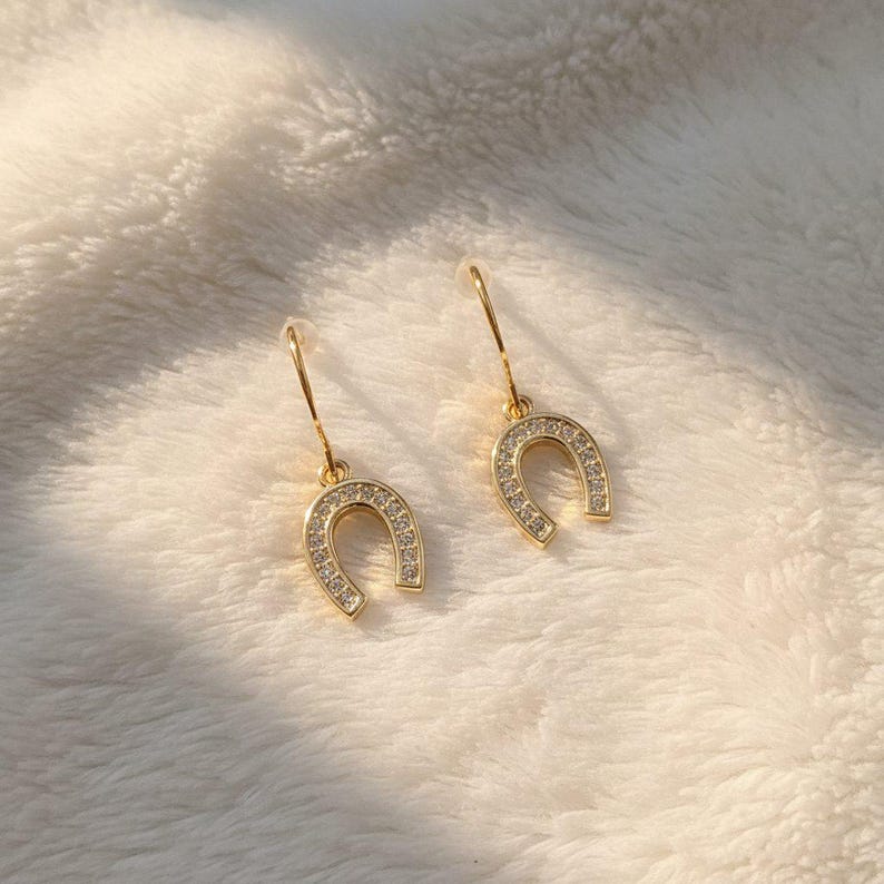 CZ Horseshoe dangle earrings, Gold - - LadybugfeetDesigns -