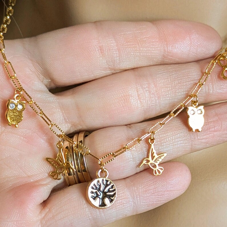 Nature Vibes Multi Charm Link Necklace, Gold- 20 inch - - LadybugfeetDesigns -