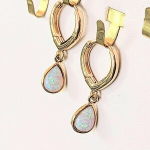 Opal Huggie Hoop earrings, 15mm Hoop Drop, Silver/Gold - - LadybugfeetDesigns -