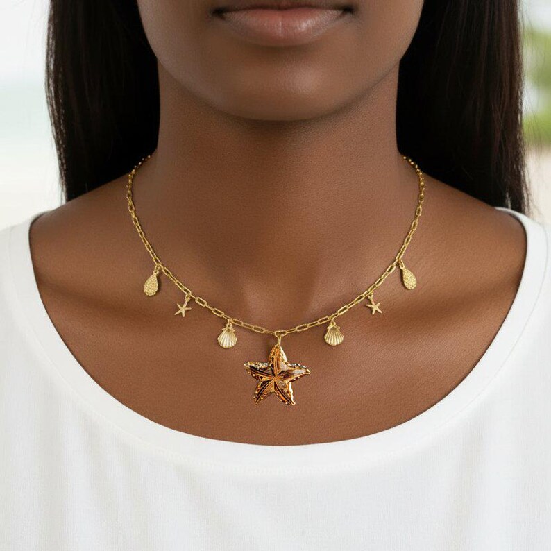 Beach Vibes Multi Charm Link Necklace, Gold- 20 inch - - LadybugfeetDesigns -