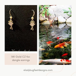 14K Gold CZ Goldfish Koi dangle earrings - - LadybugfeetDesigns -