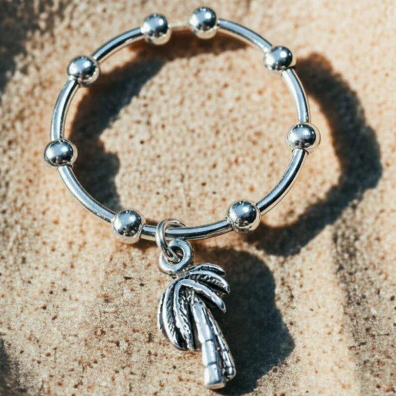 Sterling Silver Palm Tree Adjustable Charm Ring - - LadybugfeetDesigns -