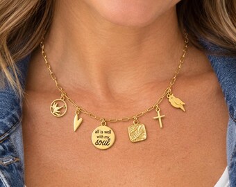 All is Well With my Soul Multi Charm Link Necklace, Gold- 20 inch